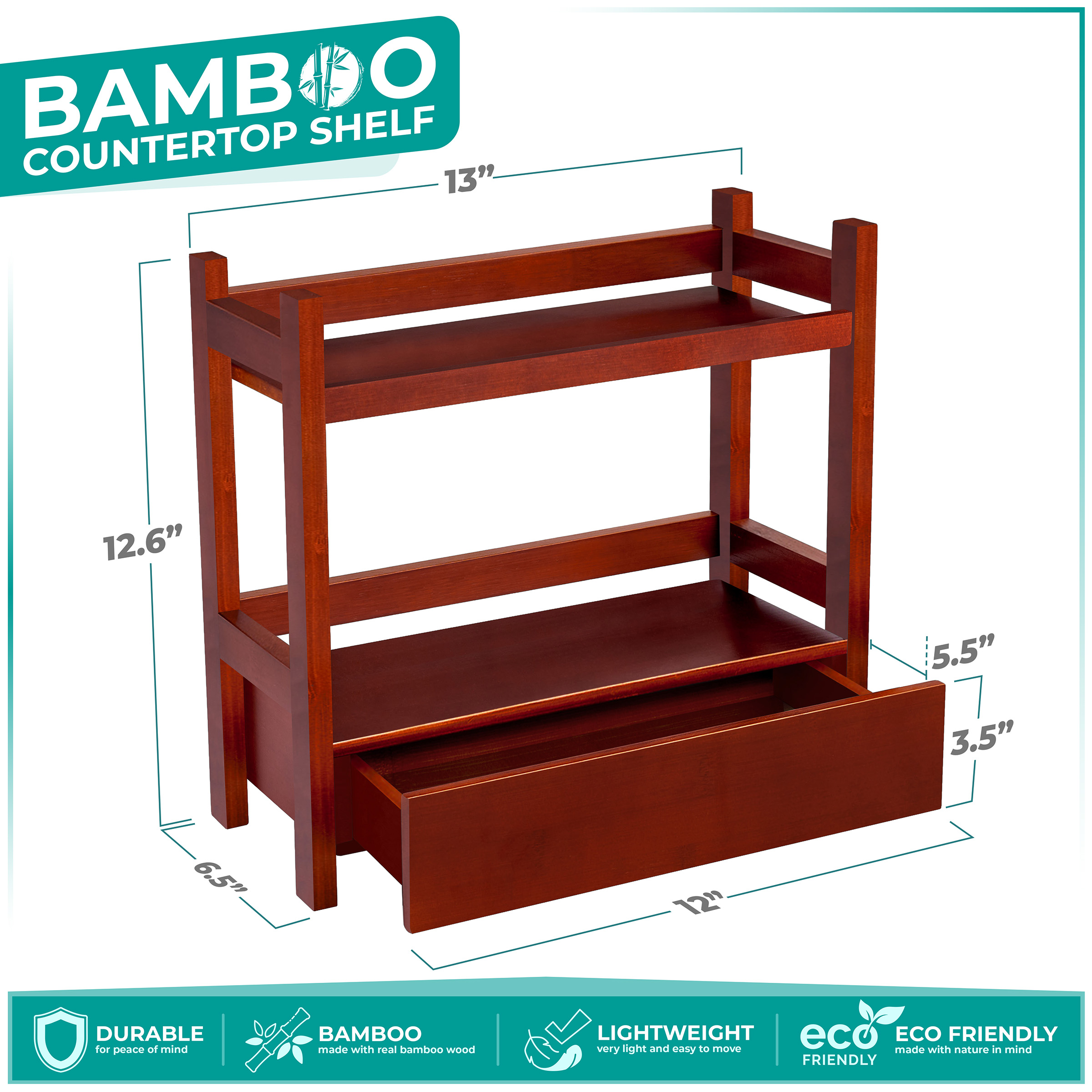 Sorbus 2-Tier 13" Bamboo Kitchen Organizer with Pull-Out Drawer, Brown