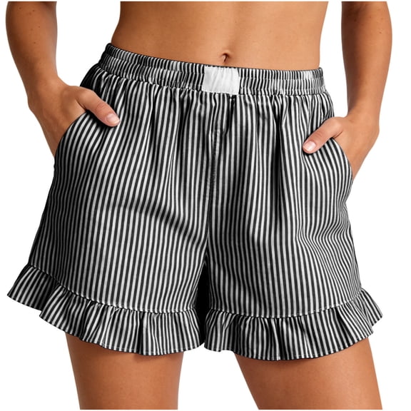 Vivianyn HD Women's Ruffled Hem Striped Shorts, Elastic Waist Casual Loose Fit Summer Bottoms with Pockets,Black,Size S-XXL