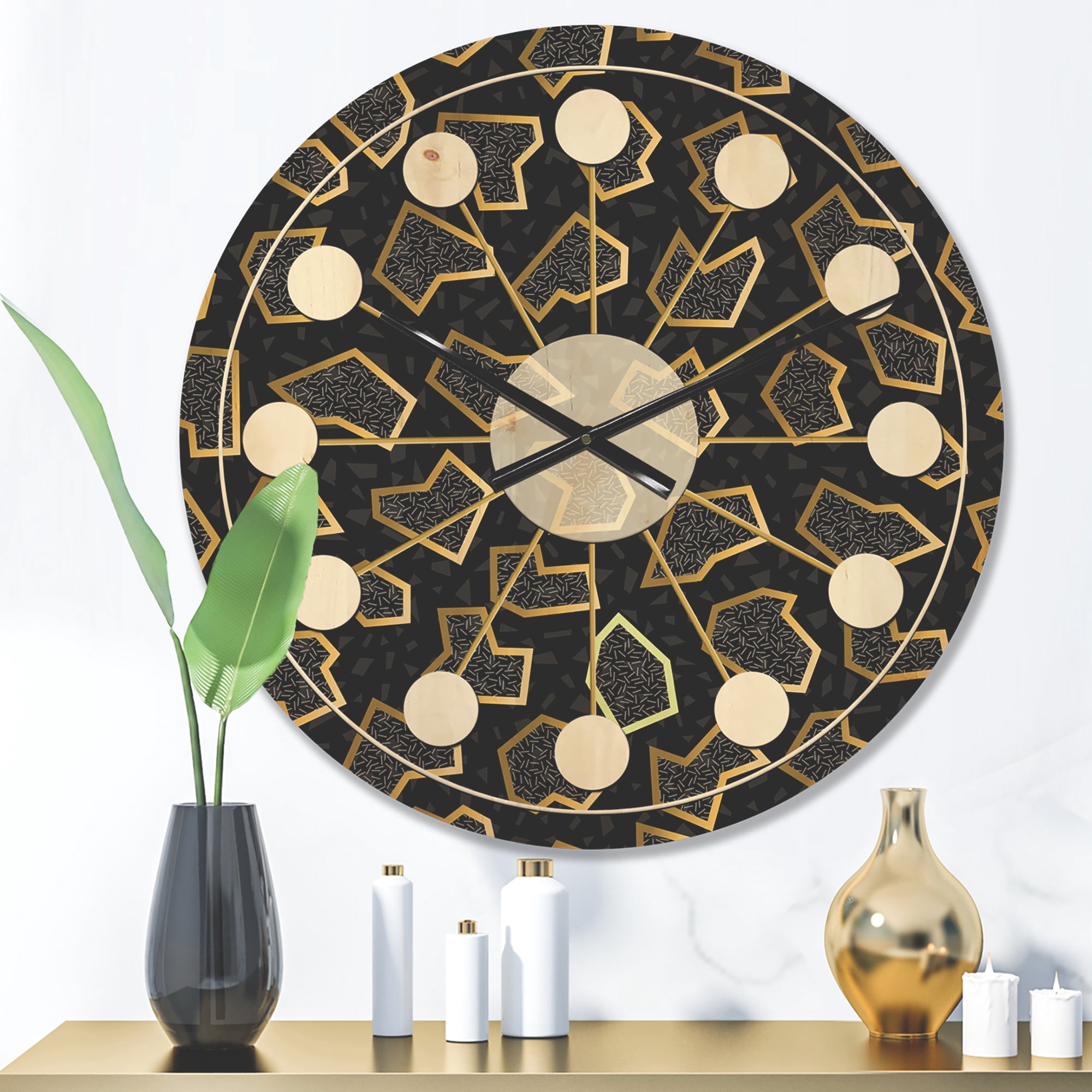 Designart 'Gold Shapes Retro Pattern' Mid-Century Modern Wood Wall Clock