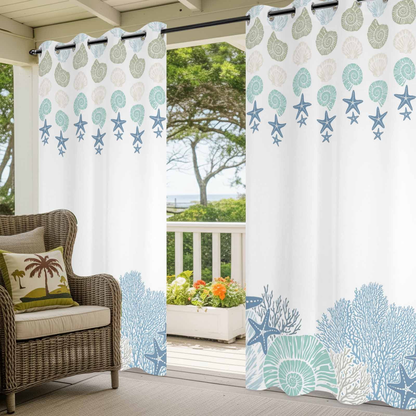 Blue Sea Outdoor Curtains for Patio, Nautical Ocean Watercolor Shells Coral Starfish Sunshade Privacy Drapes Grommet Waterproof Outside Curtains for Porch/Cabana/Balcony 54"x 108", 1 Panel
