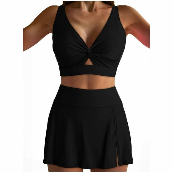 Efsteb Womens High Waisted Bikini Bottoms Women's High Waisted Bikini Sets Sporty Two Piece Bathing Suits Solid Color Swim Skirt Swim Suits (Black,XL)