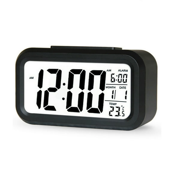 Despertador de mesa Pantalla digital Sensor de temperatura del dormitorio Termómetro Retroiluminación Calendario Relojes de repetición portátiles Hogar Negro Vogacara EL006195-05B