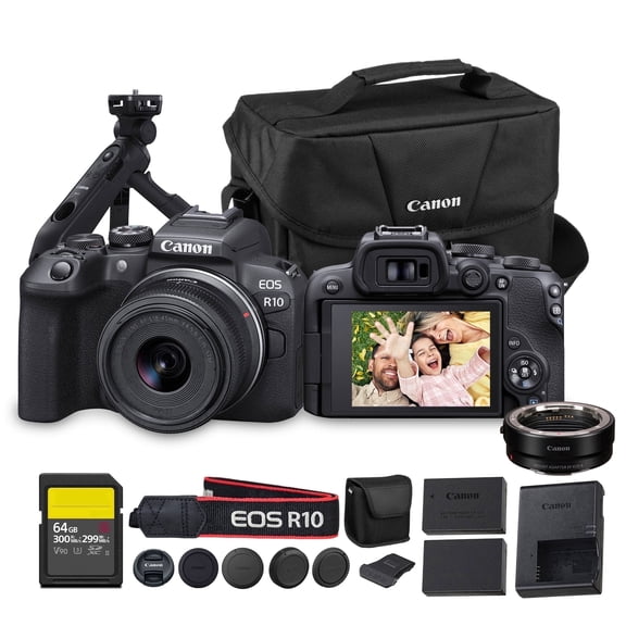Canon EOS R10 Mirrorless Camera with RF-S 18-45mm Lens   EF-EOS R Adapter   64GB Card   Tripod Grip   Bag