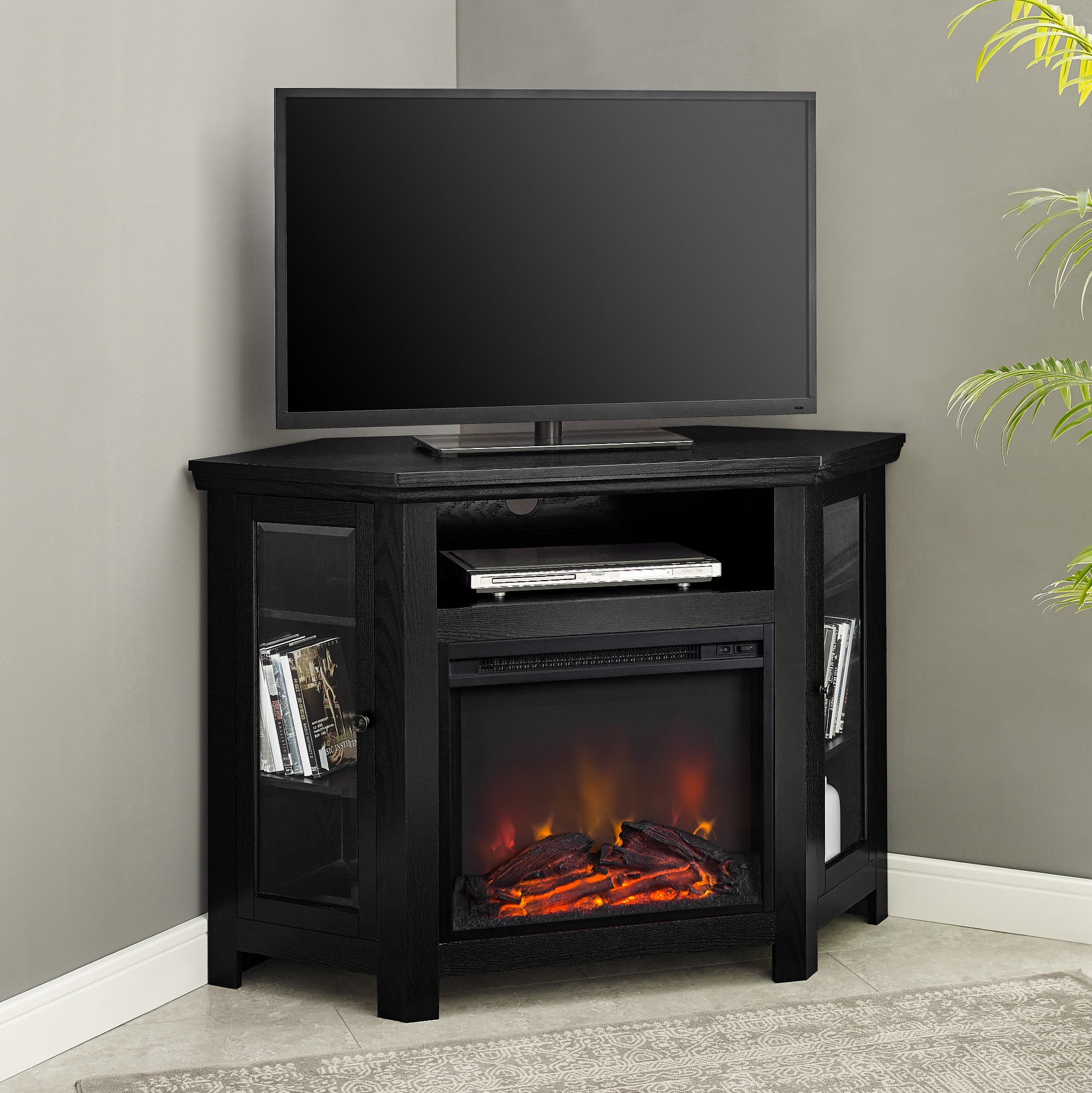 Walker Edison Black Corner Fireplace Tv, Corner Tv Stand With Fireplace For 65 Inch