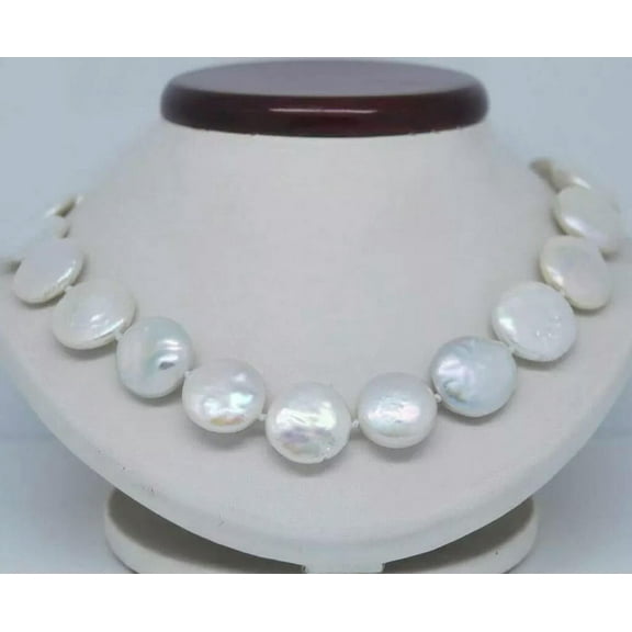K-KED Rare Huge 11-12mm Natural White Freshwater Pearl Coin Beads Necklace 18"