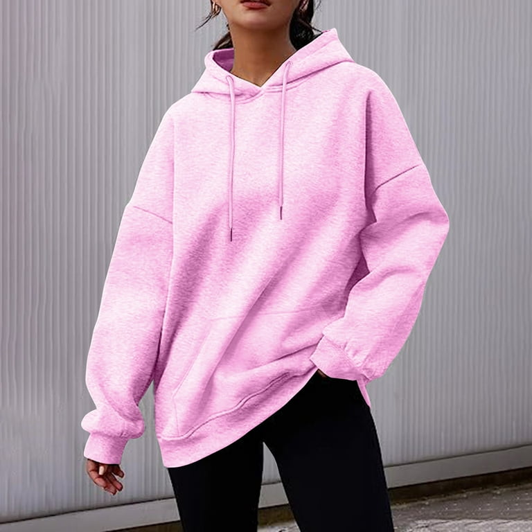 Susanny College Sweatshirts Long Sleeve Drawstring with Pocket Women Hoodie  Oversized Fashion Raglan Hooded Pullover Hot Pink Y2k Soft Sweater Winter