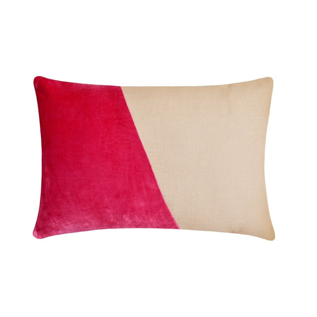 The HomeCentric Handmade Fuchsia Pack of 2, 12"x16" (30x40 cm) Lumbar Pillow Cover, Velvet & Linen Solid Color Block Oblong Pillow, Patchwork Pattern Modern Style - Velutinous Fuchsia