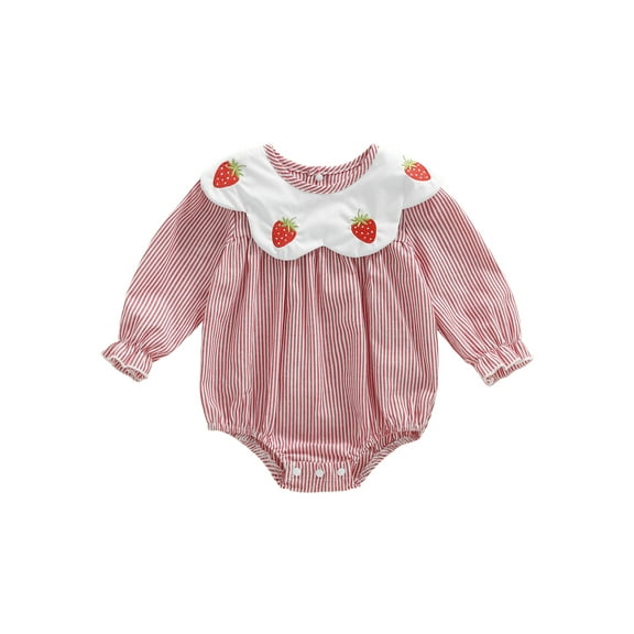 Miaouyo Baby Girl Striped Romper Strawberry Embroidery Scalloped Collar Long Sleeve Infant Jumpsuit