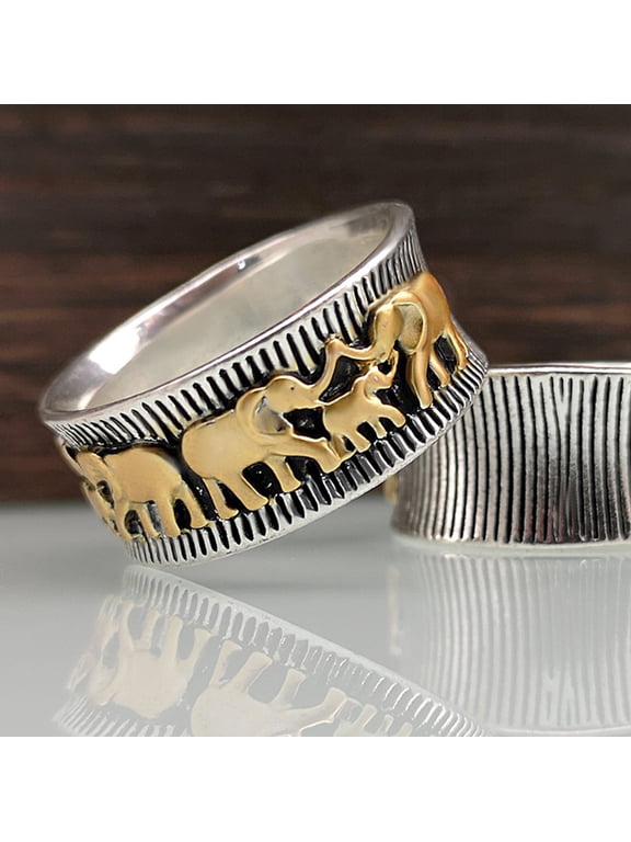 Vintage Silver Elephant Wide Bands Ring, Boho Thumb Index Forefinger Ring, Golden Elephants Ring Animal Fine Jewelry for Women Gifts