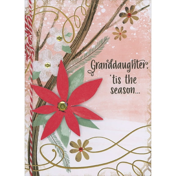 Designer Greetings Red 3D Die-Cut Flower, Gold Sequins, Red and White String and Swirling Brown Stem Hand Decorated Christmas Card for Granddaughter