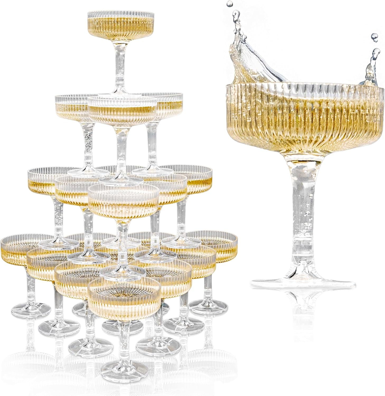 Champagne Tower - 7oz. Set of 20 Champagne Flutes Plastic - For Weddings & Parties - Plastic Coupe Glasses - Clear