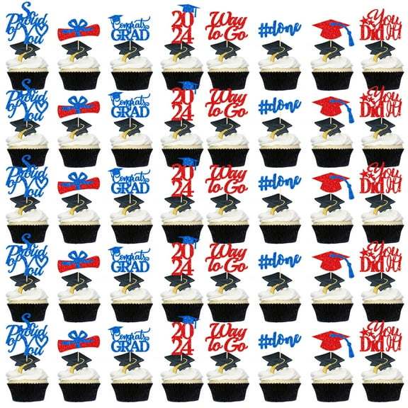 Graduation Decorations 2025 Red Blue, Graduation Cupcake Toppers 2025 Blue Red, Glitter Class of 2025 Cupcake Toppers Supplies, Class of 2025 Congrats Grad Cap Diploma Cupcake Picks - 40Pcs