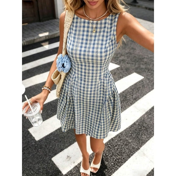 Blue Gingham Sleeveless Waist-Cinch Fit & Flare Dress For Women Summer Casual