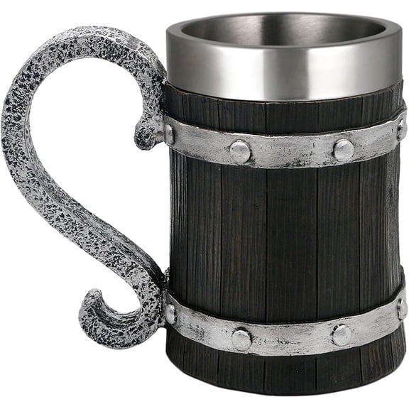Viking Beer Mug Gifts for Men - 21oz Nordic Wooden Barrel Beer Tankard Cup Viking Norse Decor Stainless Steel Cool Coffee Mug for Men Medieval Beer Cup Stein