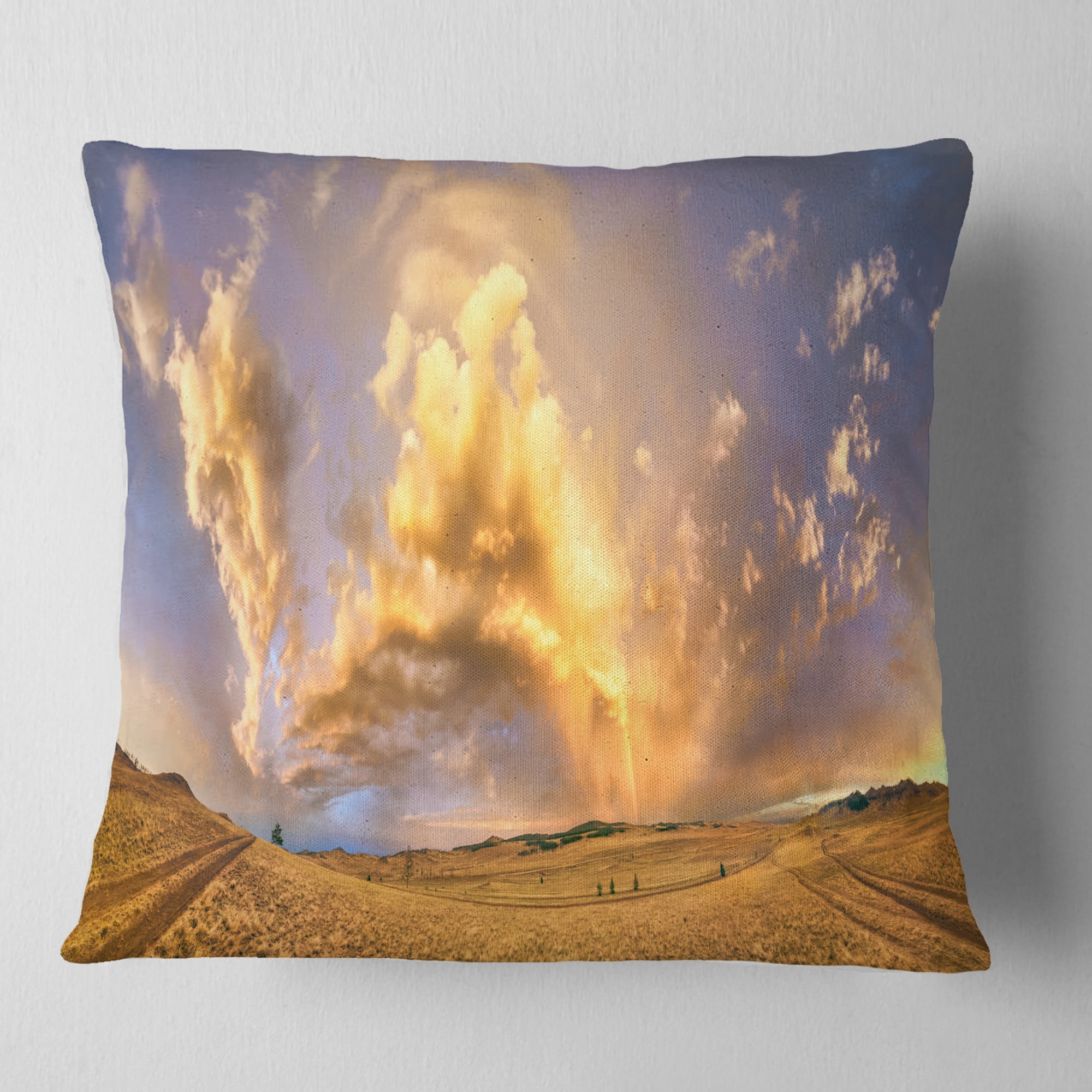 Designart Rainbow at Sunset After Storm - Landscape Photography Throw Pillow - 16x16