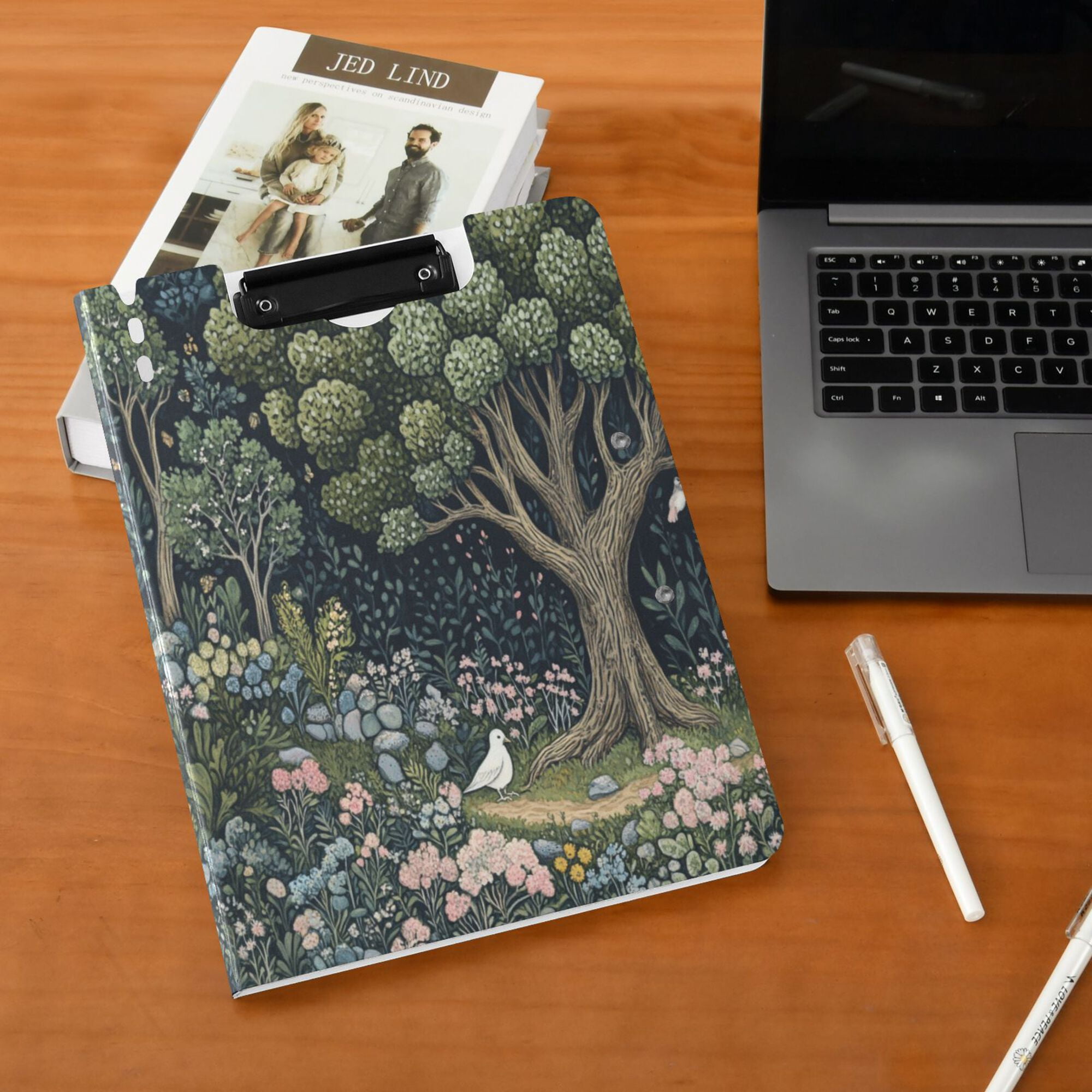 FORMRS A4 Clipboard Folder with Pen Holder Horizontal Foldable School Office Binder, Green Forest Scene