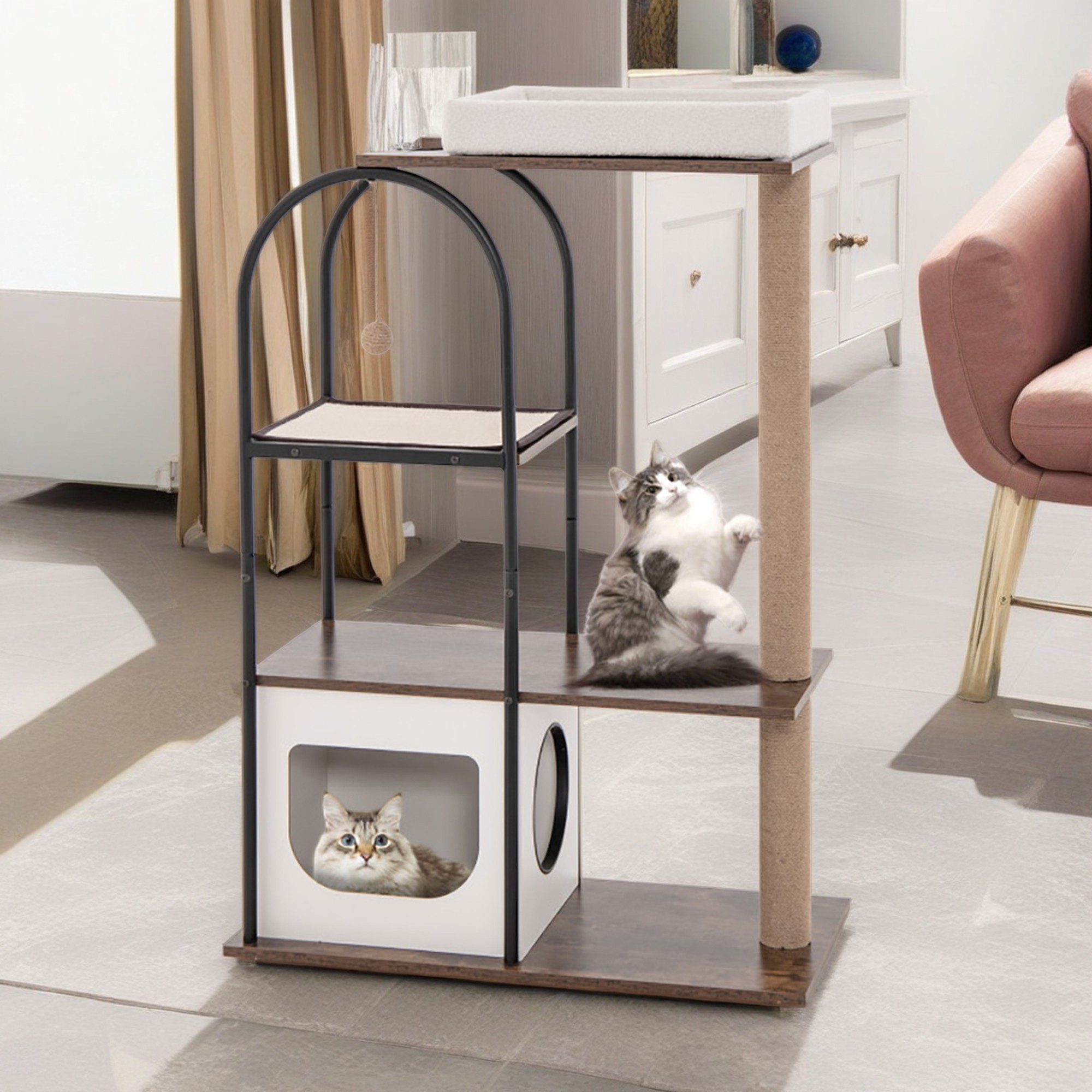 resenkos 47" Wood Cat Tree Tower Furniture, Cat Condo with Metal Frame, Scratch Post for Kittens Cat Tree House, White