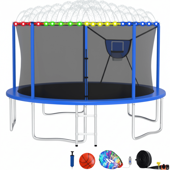 XMIKA Trampoline, 1400LBS 14FT Trampoline for Kids Adults, Trampoline with Enclosure Net, Basketball Hoop, Light, Sprinkler, Ladder, Galvanized Anti-Rust Coating Backyard Recreational Trampoline
