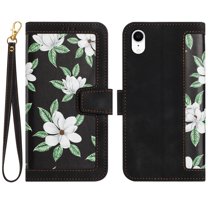 Allytech iPhone XR Case Wallet, Chic Flower Pattern Shoulder Strap Hand Wrist PU Leather Cards Holder Stand Protective Flip Folio Cover for Girls - Black