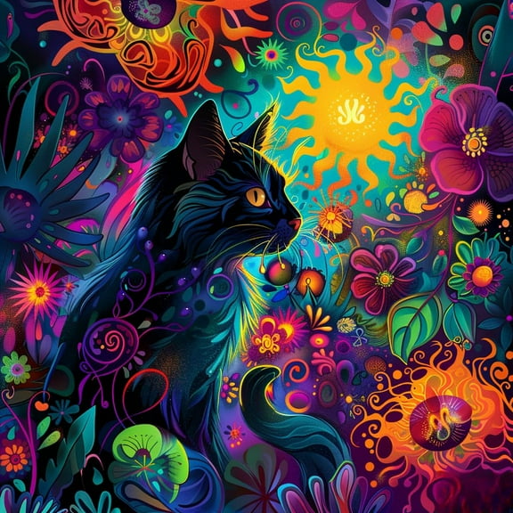 A Black Cat in Abstract Flowers 5D Diamond Art Painting by Number Kits for Adults DIY Paint with Full Drill Round Diamond Gems Painting Art Craft for Home Wall Decor 13.8x13.8in