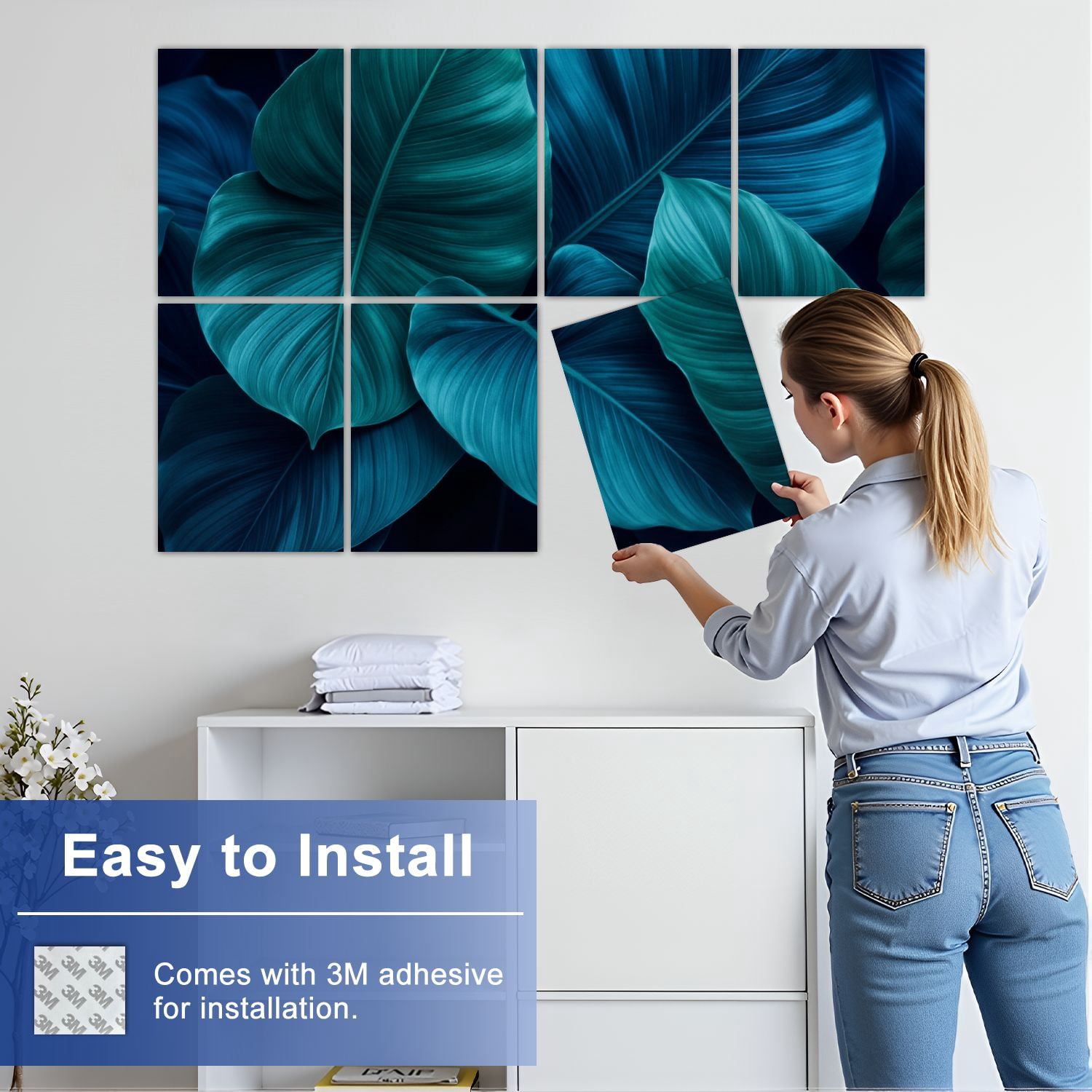 8 Pack Art Acoustic Panels Sound Absorbing Deep Blue Teal Tropical Leaf Abstract Botanical Decorative Soundproof Wall Panels Self Adhesive for Nursery Game Room Bedroom 48"x32"