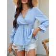 thumbnail image 2 of Women'S Wrap V Neck Puff Long Sleeve Blouse Top Puff Sleeve Ruffle Hem Casual Spring Summer T-Shirt Top Blue M, 2 of 8