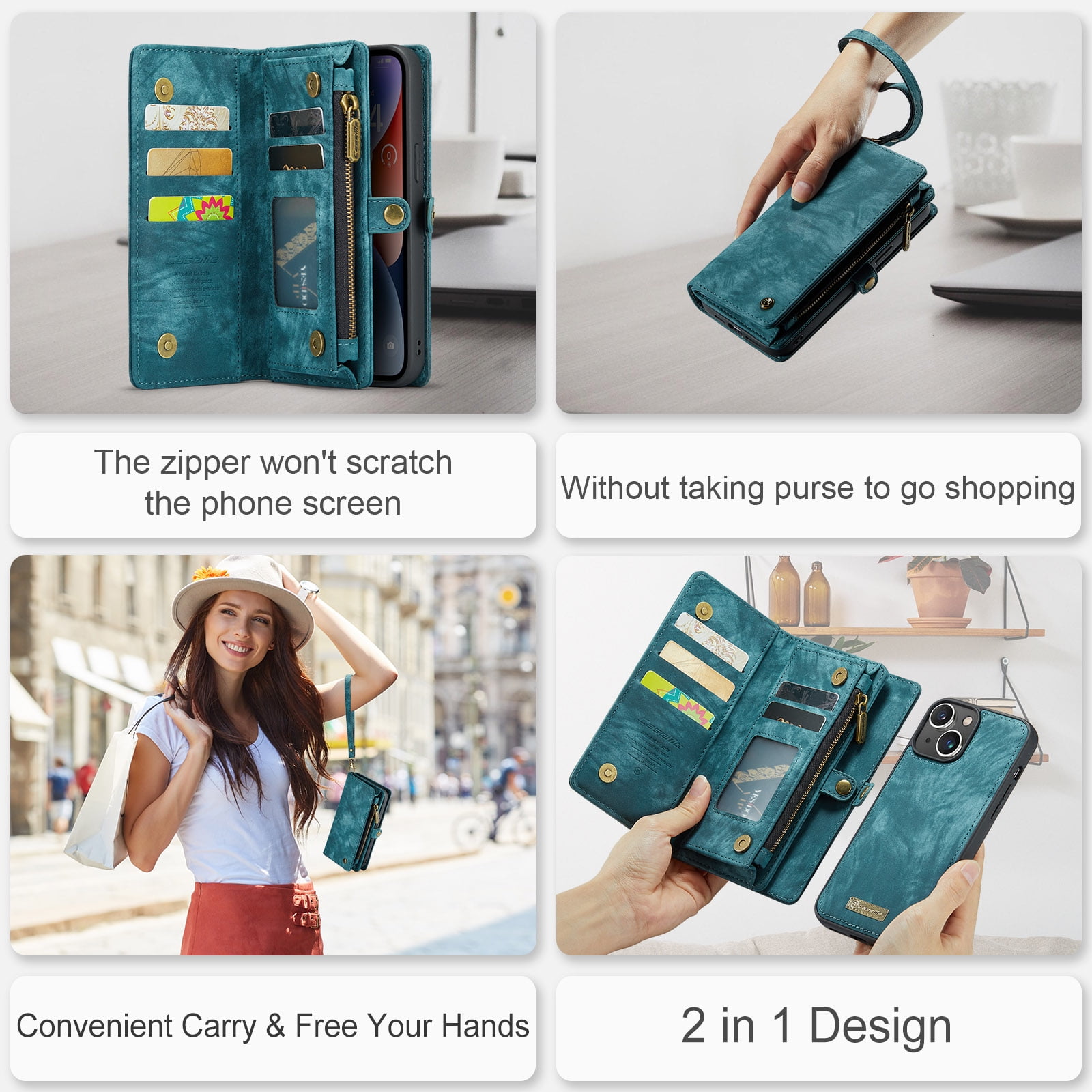 For Apple iPhone 15 Plus Wallet Case,Multi-Functional Retro Leather Purse Flip Cover Zipper Wallet Case with Removable Card Slots Pocket & Detachable Wrist Strap Magnetic Phone Case, Green