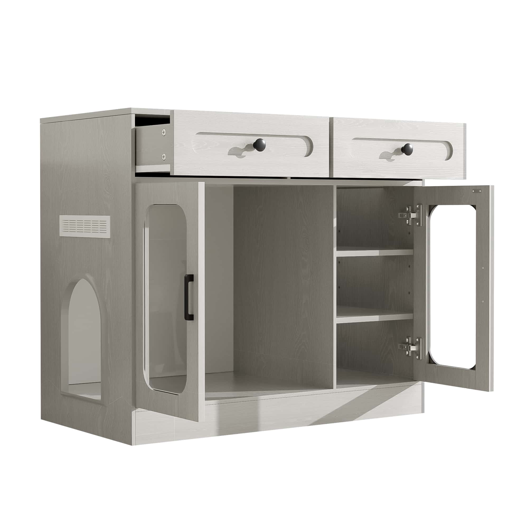 Cat Litter Box Enclosure with Glass Door and Side Access, Hidden Kitty Cabinet with Storage Drawers and Built-in Light, Indoor Cat House Side Table, Light Gray