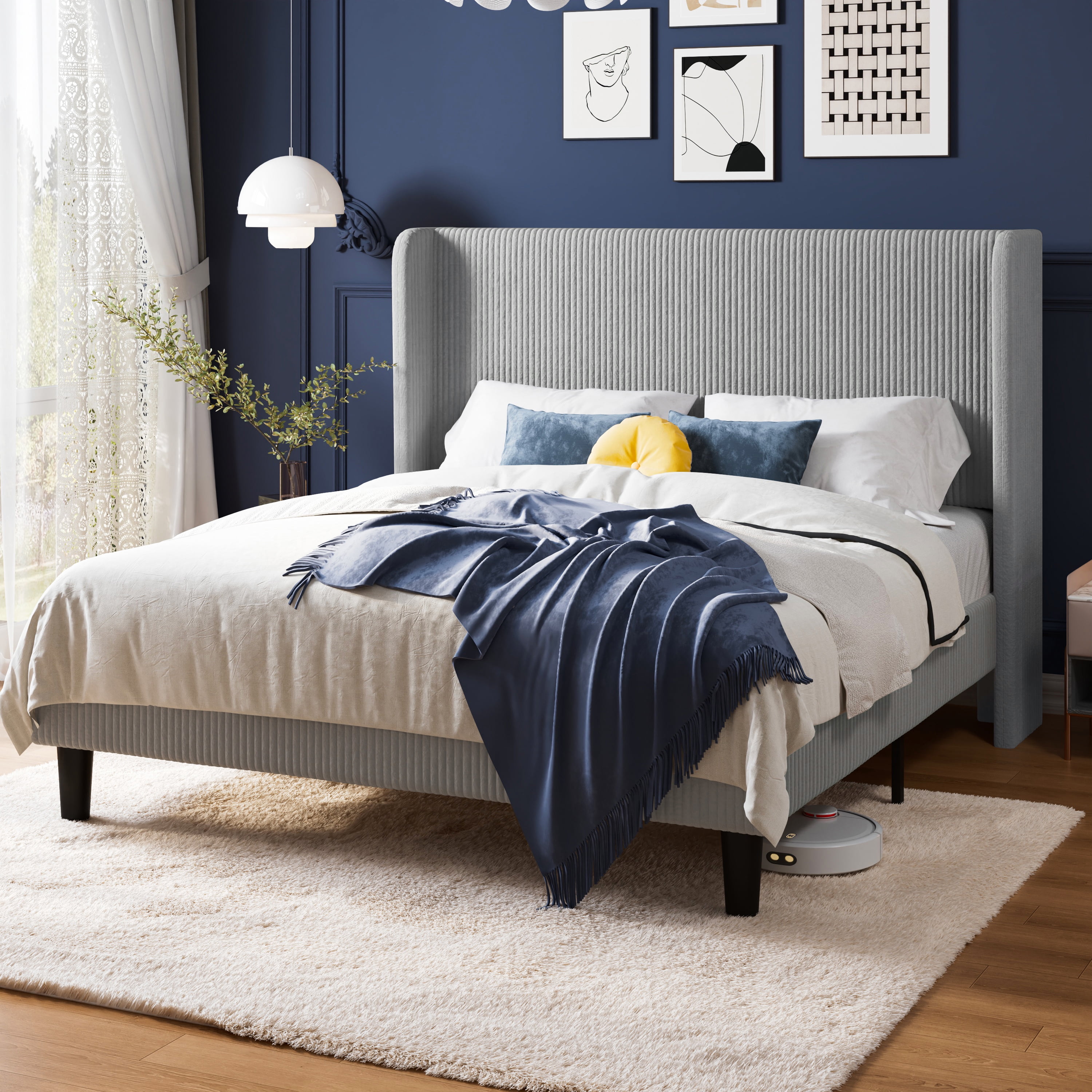Allewie Queen Corduroy Upholstered Platform Bed Frame with Vertical Channel Tufted Wingback Headboard, 8" Under Bed Storage, Wooden Slats and Metal Frame Support, No Box Spring Needed, Light Gray