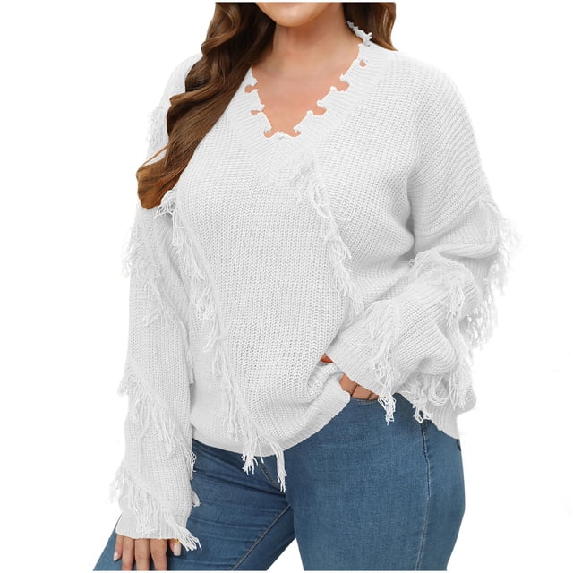 Yuyuzo Plus Size Tops for Women V Neck Long Sleeve Ribbed Tassel Sweater Loose Casual Oversized Fall Pullover Top