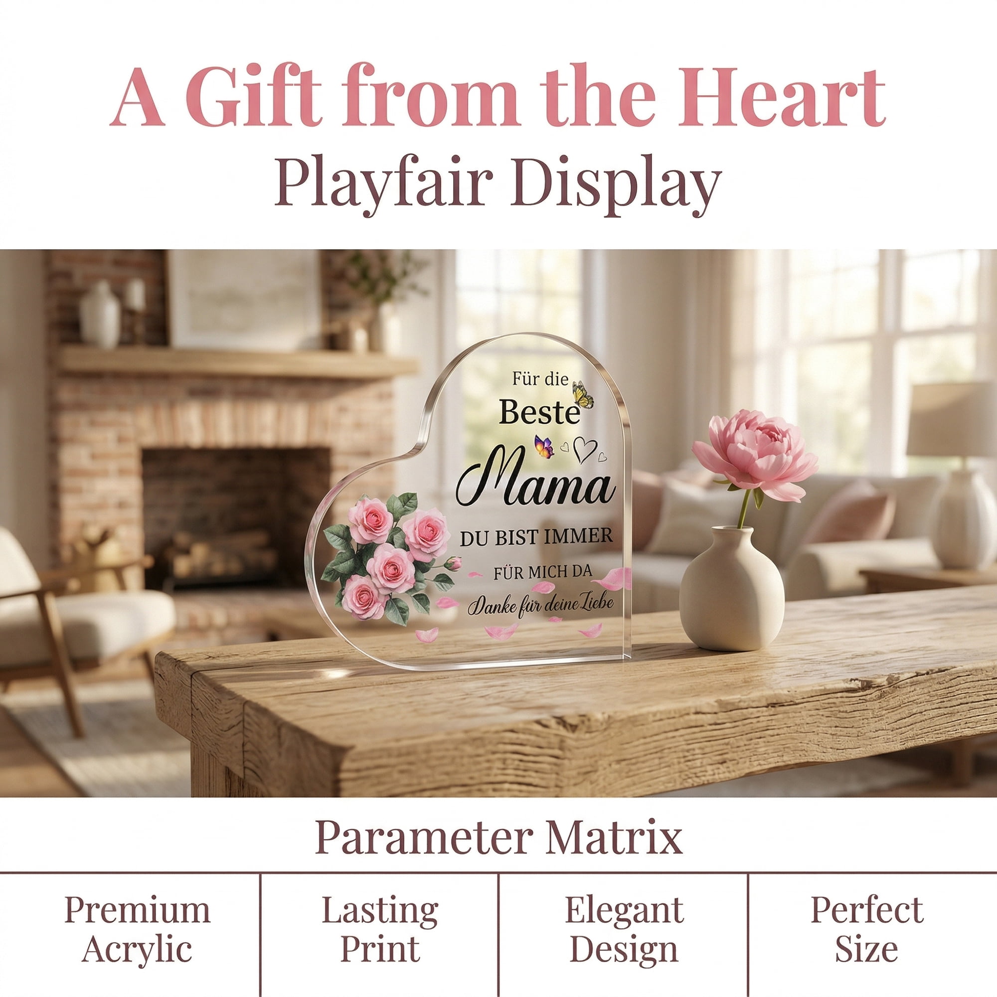 Unique Bargains Acrylic Heart Desk Sign Gift Keepsake Plaque for Coworker Boss Friend Roses Pattern 10"L x 10"W x 1"H