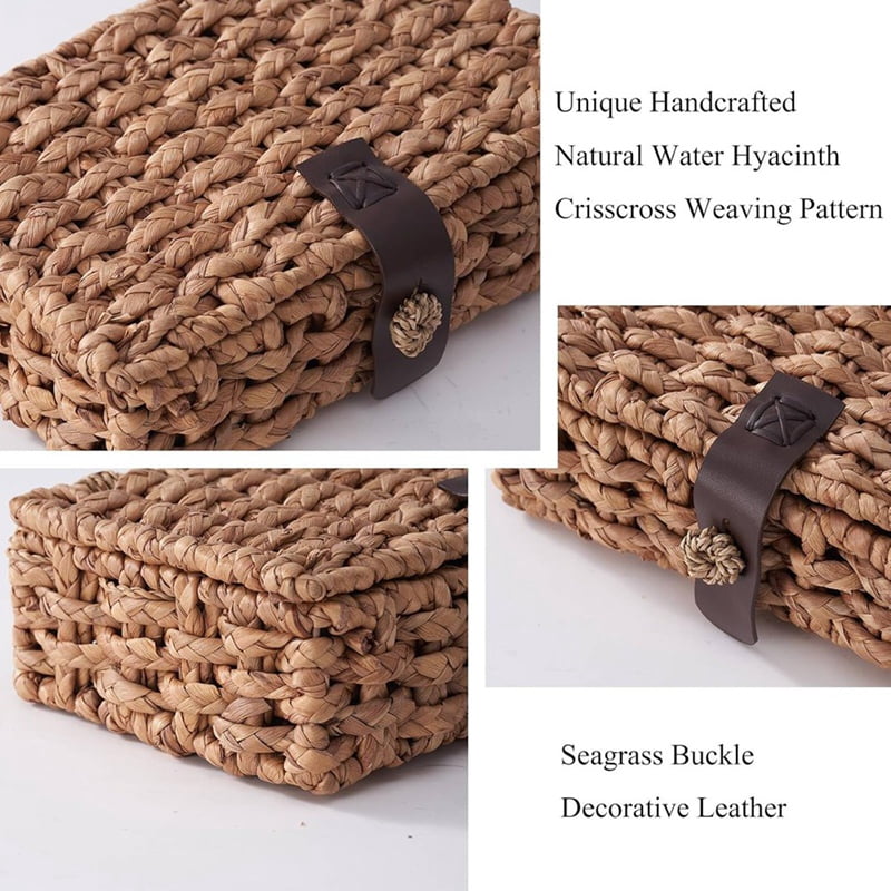 KUNPENG Decorative Storage Box with Lid, Hand-Woven Water Hyacinth Wicker Basket, Natural Seagrass Organizer for Shelf, Coffee Table & Bathroom, Small Boho Decorative Box for Home Organization