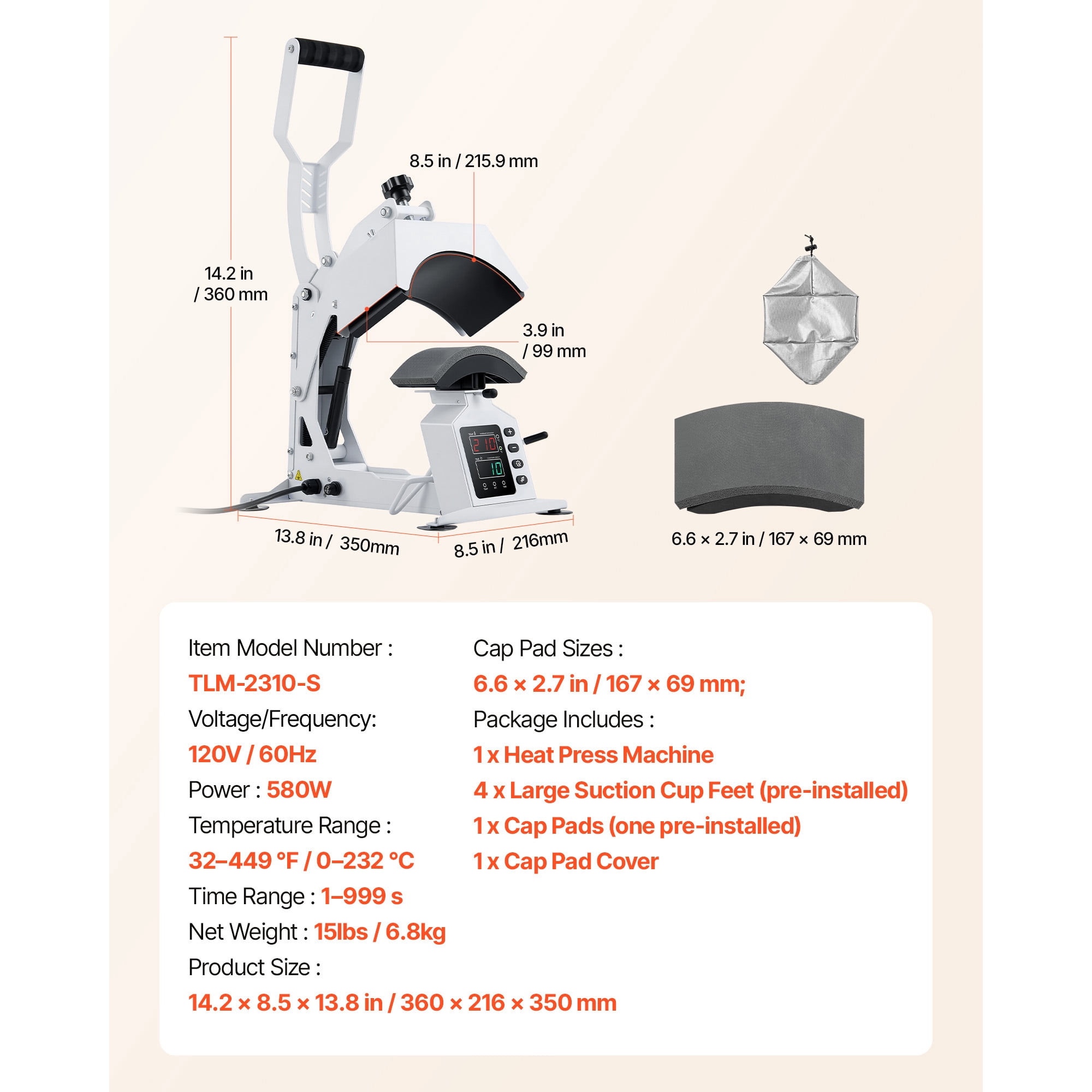 KFFKFF Hat Heat Press Machine, 8.5 x 4 in Heating Plate, with Cap Stretcher, Accurate Temperature & Time Control, Heat Press for Caps and Hats, Suitable for HTV Iron-On and Sublimation Designs, White