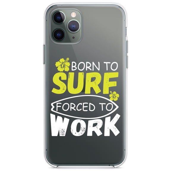 DistinctInk Clear Shockproof Hybrid Case for iPhone 13 (6.1" Screen) - TPU Bumper Acrylic Back Tempered Glass Screen Protector - Born to Surf Forced to Work