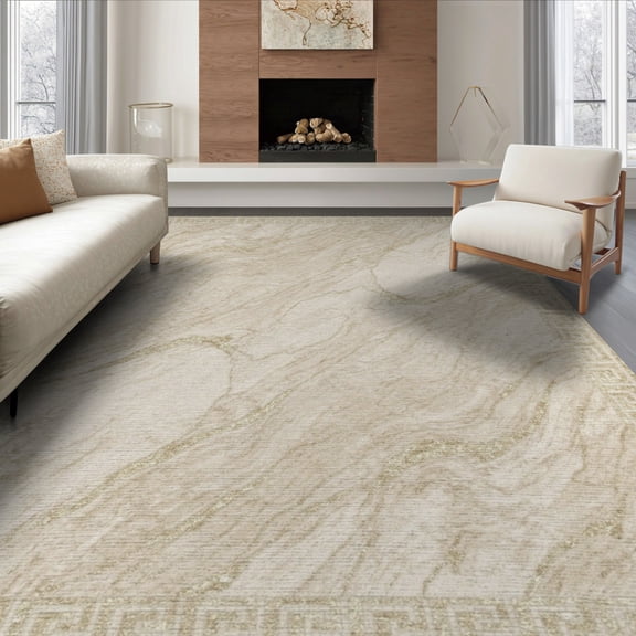 ODIKA 8'x10' Washable Area Rug Non-Slip Chair-Friendly Mat Key Greek Border Mosaic Designer Sculptures Cream Sconces Abstract Flowing for Dining Room, Large Office, Lounge