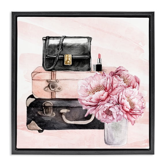 Stupell Industries Shabby Chic Glam Time Stacked Bags Black Floating Frame Canvas Art, 18 x 18, by Kim Allen