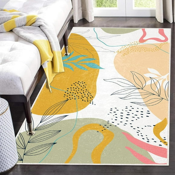 Washable Boho Hallway Area Rug: 3x5 Thin Boho Botanical Print Runner Rug for Bedroom - Non Slip Backing with Low-Pile Faux Wool - Soft Floor Carpet for Entryway Office Laundry Living Kids Room