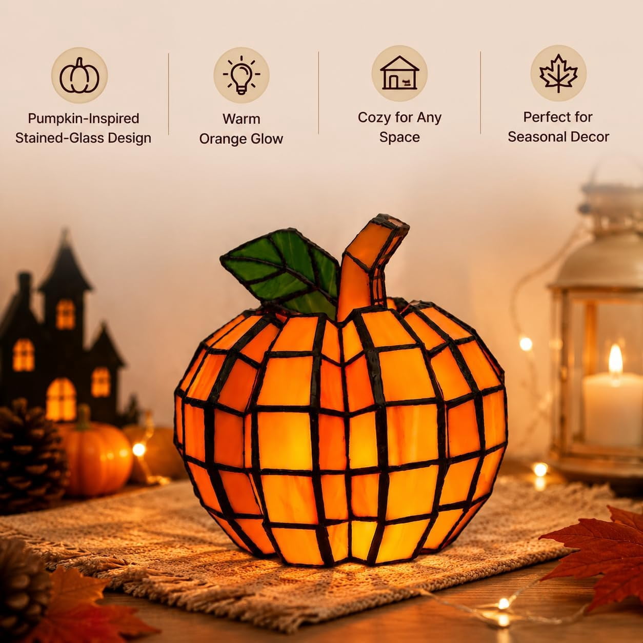 Stained Glass Pumpkin Lamp,Halloween Light with Warm Glow,Table Fall Decor