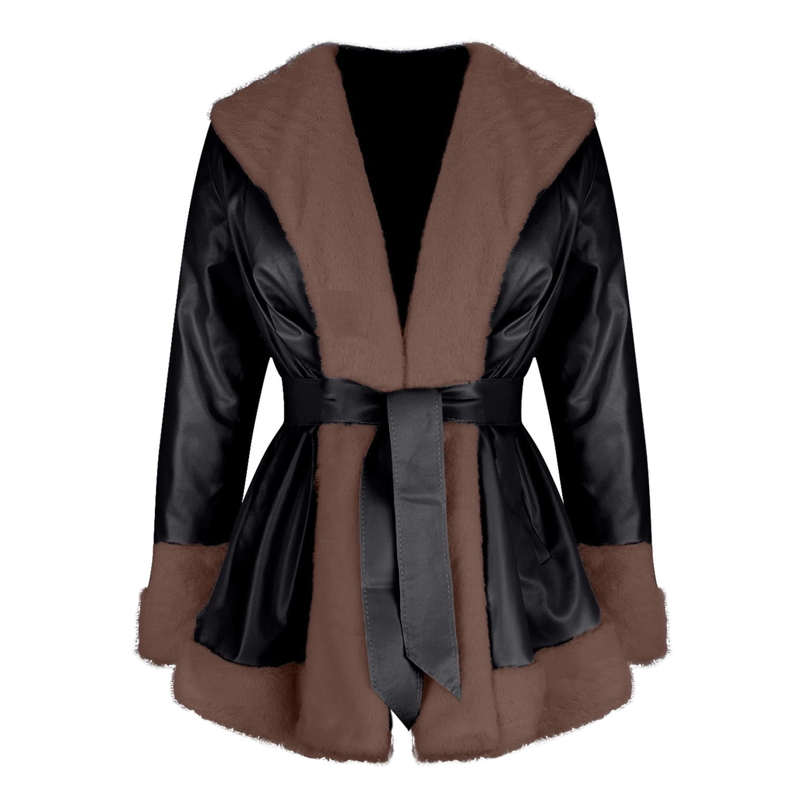 ZQUUVOU Women's Faux Leather Jacket with Faux Fur Collar Fall Winter Trendy Long Sleeve Furry Trim Parka Coat with Belt Brown