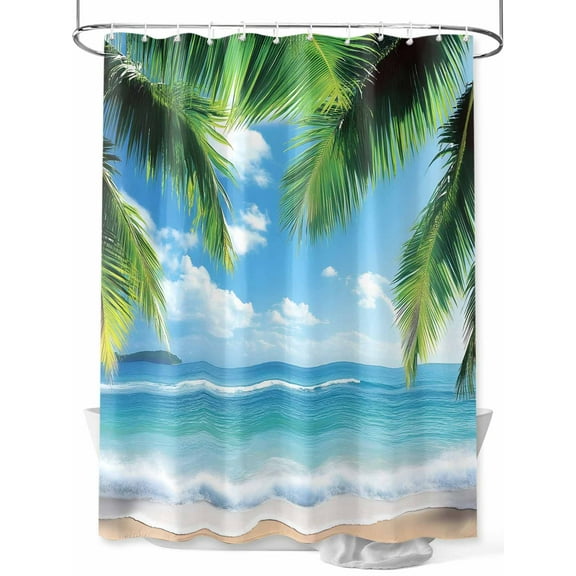 Fsddascl Beach Ocean Waves Shower Curtain Set - 60" x 72" Washable Bathtub Curtain with 12 Hooks, Summer Tropical Palm Tree Leaves Waterproof Fabric Stall Shower Curtains for Bathroom/Bathtub Décor