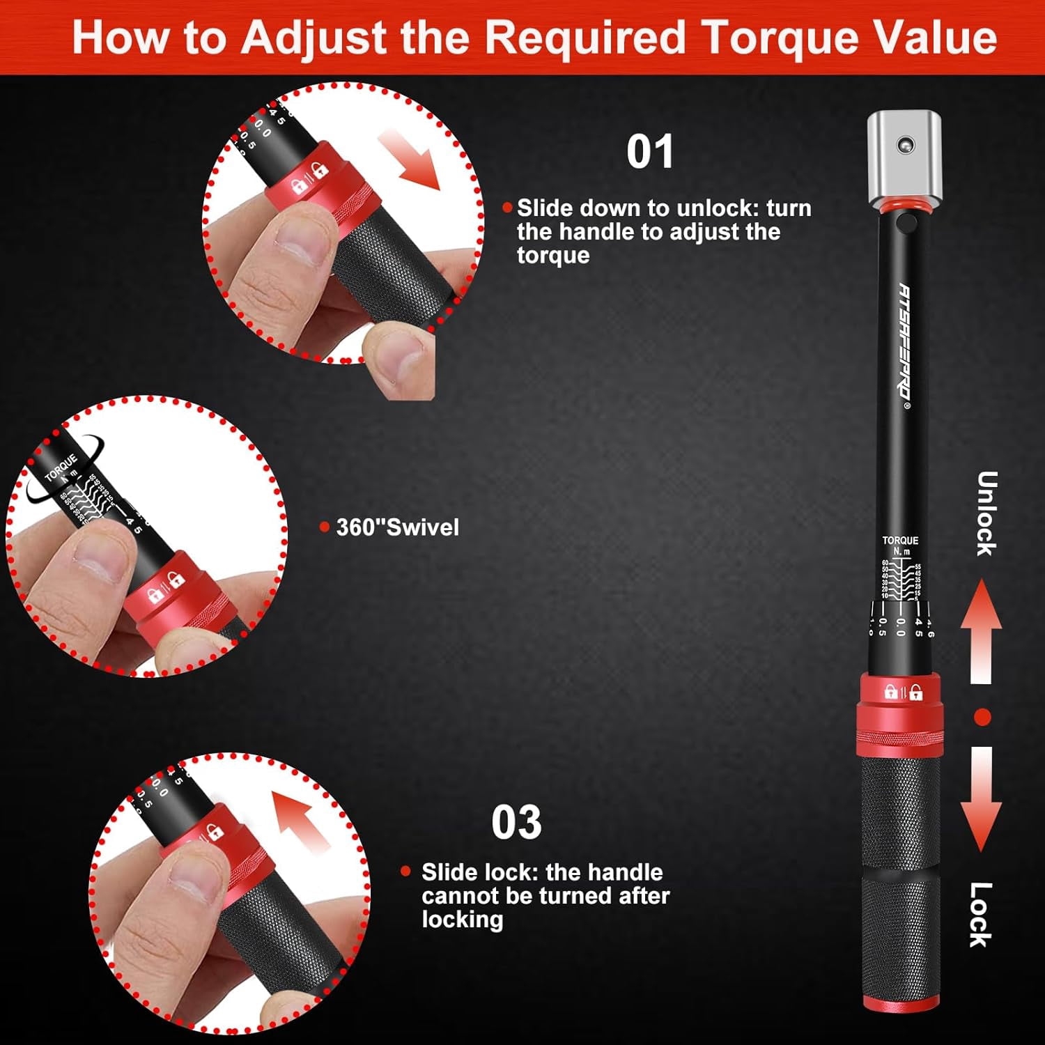 ATsafepro Adjustable Torque Wrench 5-60 Nm, 9×12mm Open End Torque Wrench, Interchangeable Torque Wrench for HVAC Mini Split,Refrigeration System,Bike Motorcycle and Car Maintenance