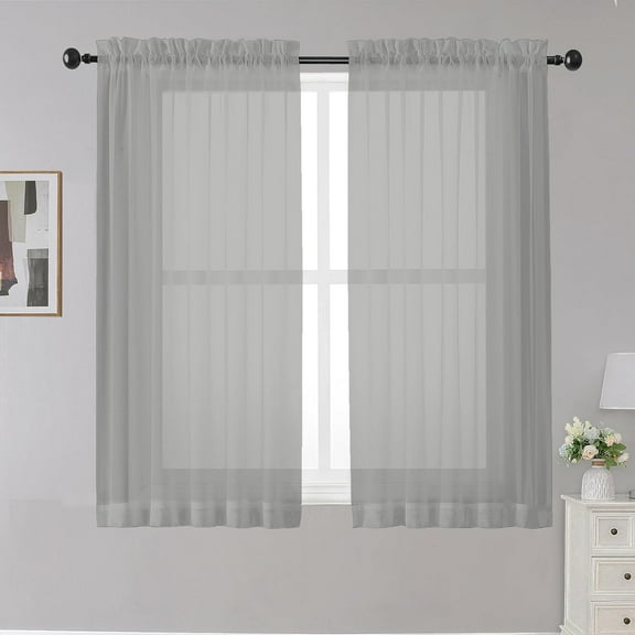 EDASCV-Sheer Curtains Grey 45 Inches Long, Light Filtering Tiers for Kitchen, Basement, Bedroom, Short Panels Rod Pocket 2 Panels, Cafe Small Window, 42" W x 45" L