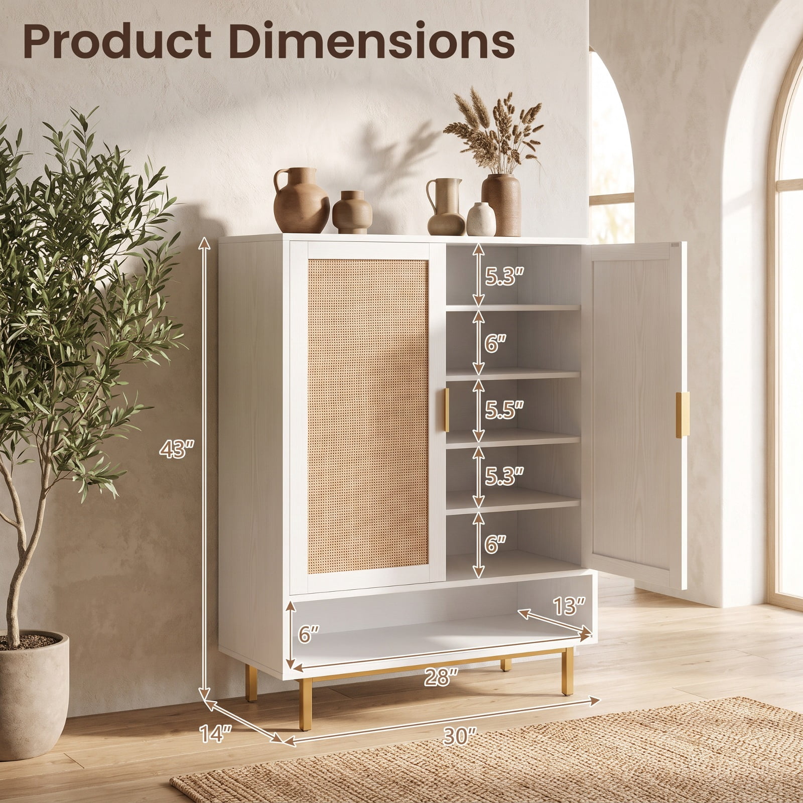 Furnibear 43 Inch Tall 6 Tier Shoe Cabinet with Double Doors and Adjustable Shelves for Entryway Living Room and Closet, White