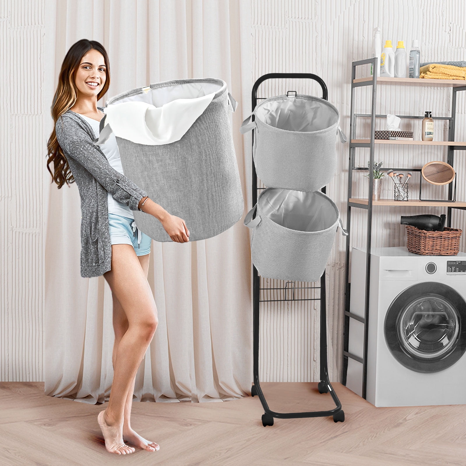 YOUPINS 3-Tier Laundry Hamper Sorter, Laundry Storage Organizer with Wheels Movable Rolling Laundry Baskets Cart,Laundry Butler for Bathroom Bedroom Laundry Room, Dark Gray