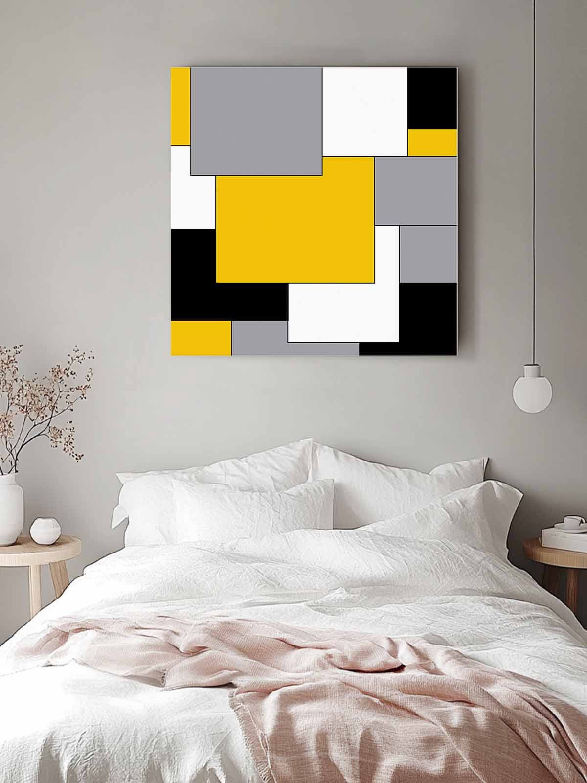 Abstract Art Canvas Wall Art, Patchwork Black and Yellow Framed Wall Decor Modern Artwork Prints Painting for Living Room, Bedroom, Kitchen & Cafe Decor 20x20 Inch