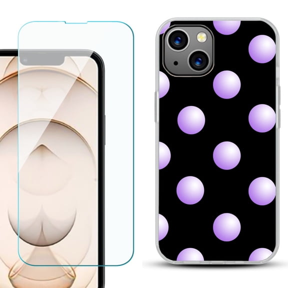 Slim-Fit Flexible TPU Gel Phone Case for iPhone 13, with Tempered Glass Screen Protector, by OneToughShield ® - Polka Dot / Purple