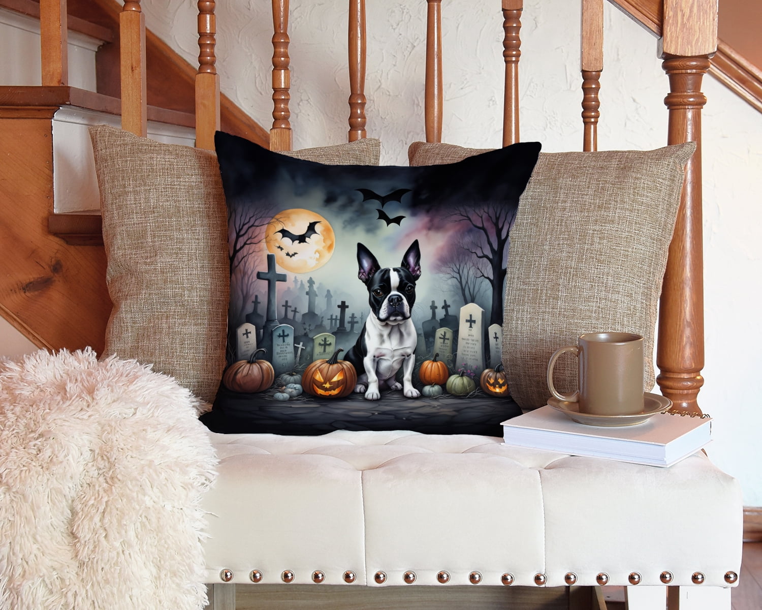 Boston Terrier Spooky Halloween Fabric Decorative Pillow 14 in x 14 in
