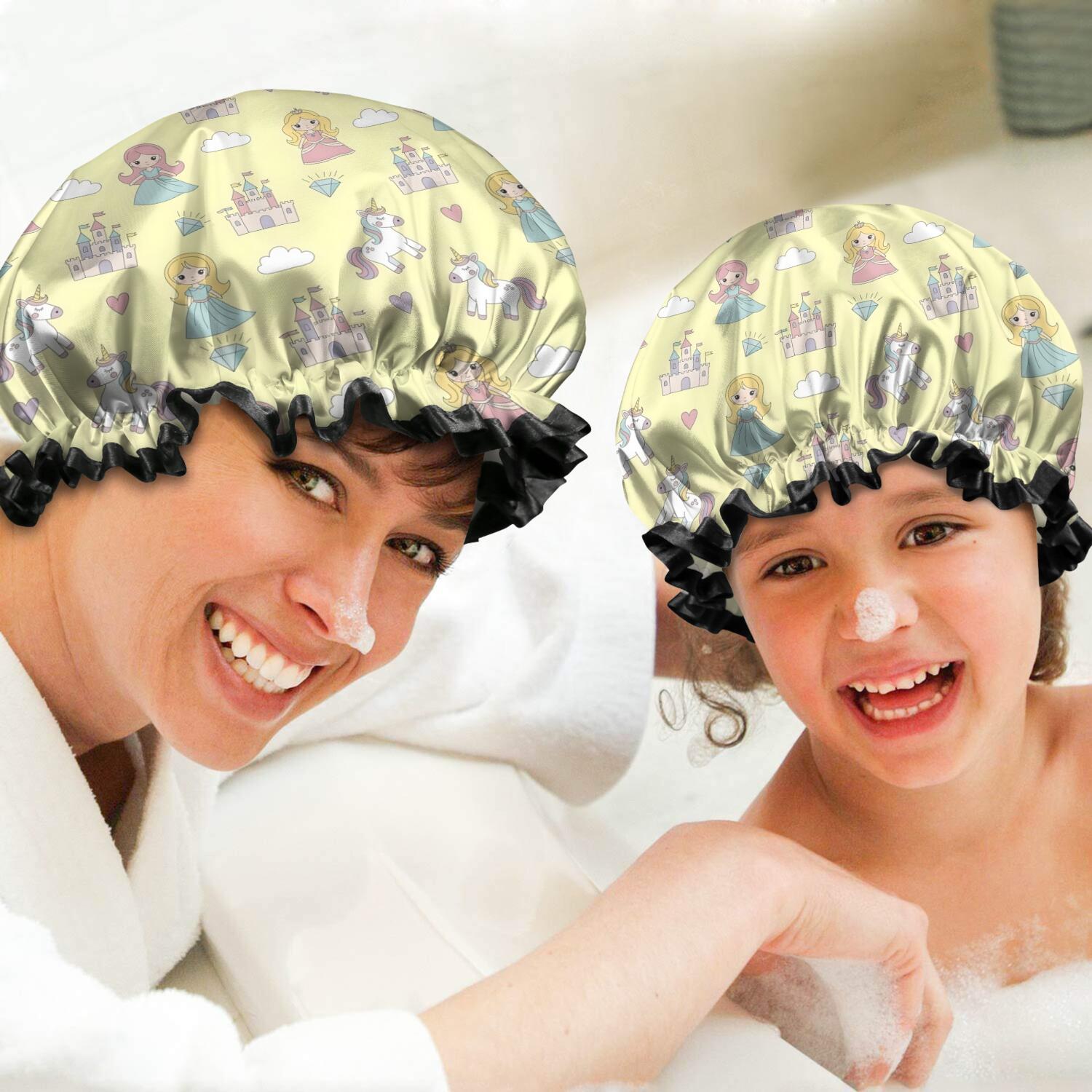 Shower Caps,Yellow Princess Unicorn Pattern Waterproof Shower Cap for Women 4 Pieces,Double Reusable Hair Cover for Shower PEVA Elastic Stretch Hem