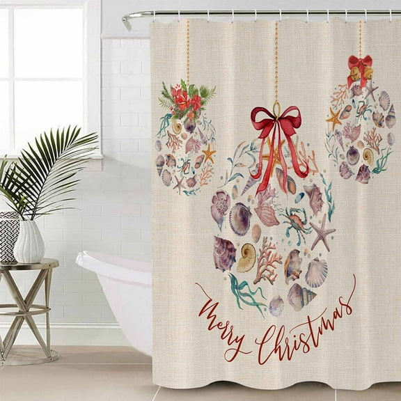 Coastal Christmas Waterproof Fabric Shower Curtain, Xmas Balls Nautical Starfish Shower Curtain for Bathroom Curtains Bathtubs Hotel Washable Shower Curtains with 12 Hooks Small 36x78in
