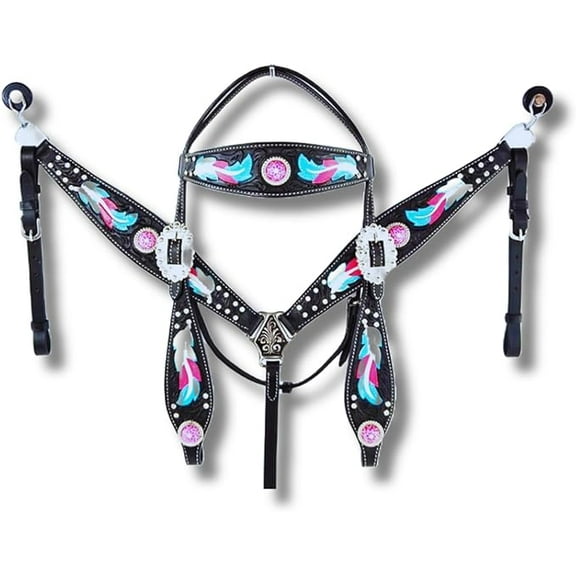 Western Premium Leather Equestrian Headstall, Breast Collar, Reins & Wither Straps - Hand-Carved Tooled Beaded Design (FULL)